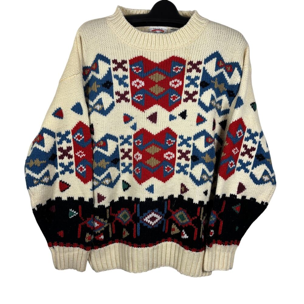 Vintage Geometric Modern Knit Sweater Womens Large Cream Made in Korea Chunky